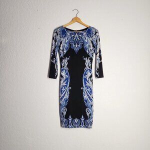 Cache dress 3/4 sleeves stretch form fitting black blue filigree floral XS
